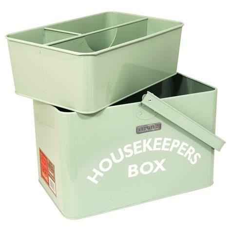 New pale pale Green Metal Housekeepers box with removable 